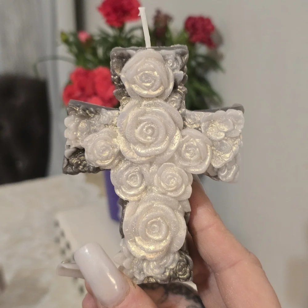 Handmade Beeswax Candle Set – Virgin Mary, Cross & Rose Boquet (Shimmer Finish)
